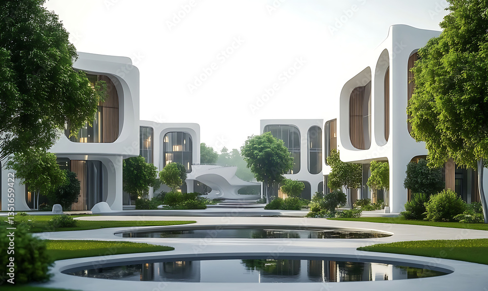Poster a modern futuristic university campus featuring interconnected minimalist architectural design lush 