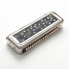 Generic Harmonica Silver Perspective Labor Etched Background.