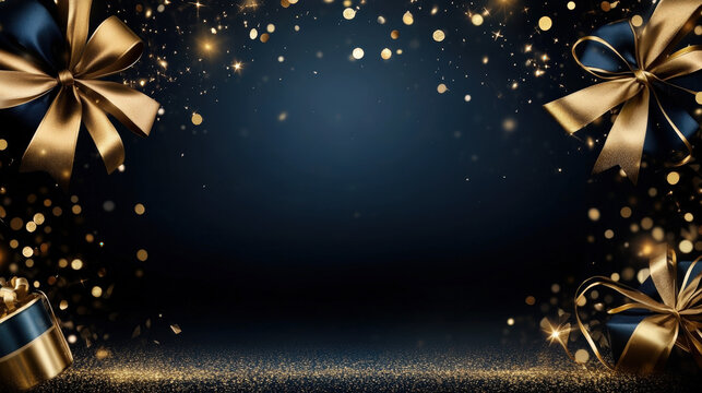 Luxury golden gift boxes with metallic bows and sparkling confetti on elegant dark blue background