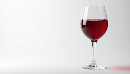 Rich red wine in elegant glass, pristine white backdrop, pour, red liquid, ruby