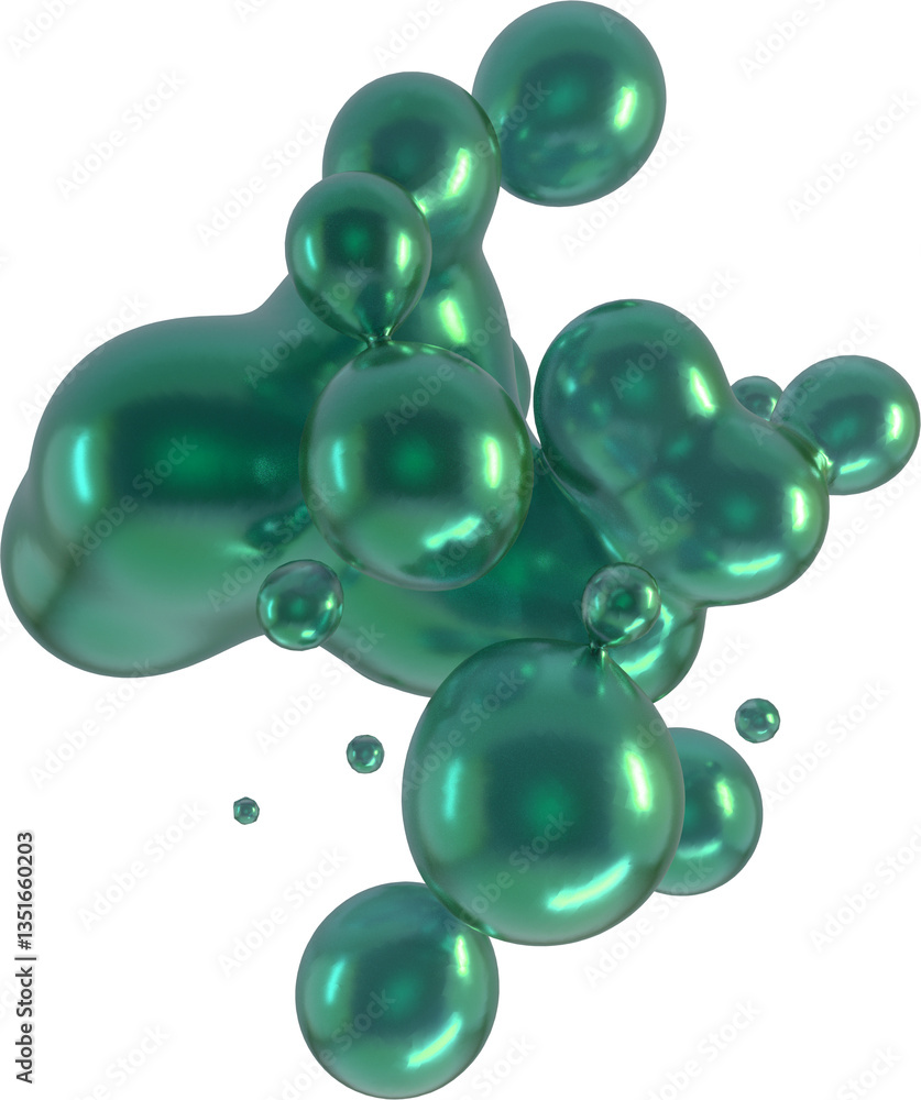 Poster green glossy abstract cluster of smooth spherical floating bubbles reflective polished surfaces eleg