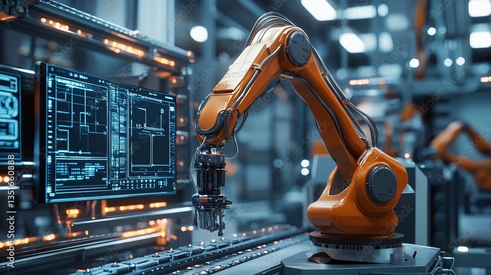 Poster advanced robotic arm automation in modern factory industrial setting high tech manufacturing process