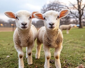Obraz premium Two fluffy young lambs stand looking directly at the viewer