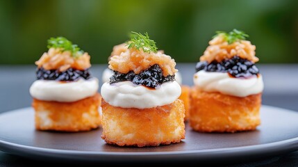 Creamy, crispy bites topped with caviar and herbs
