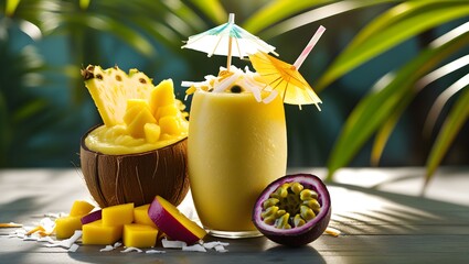 Tropical Paradise Smoothie: A golden-yellow tropical smoothie served in a coconut shell, with pineapple slices, mango chunks, and passionfruit on the side. The smoothie is topped with shredded coconut