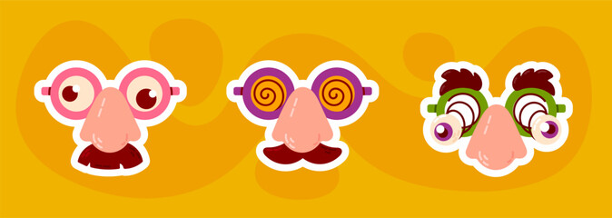 A set of three funny disguise glasses with exaggerated noses and hypnotic spirals, perfect for pranks and parties.