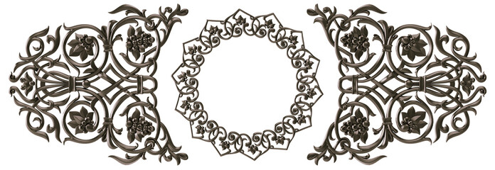 Black  ornament on transparent background, cut out, 3D render
