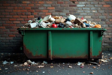Rusty green dumpster against brick wall Damp, dark alley; overflowing trash , environment, garbage, wide shot