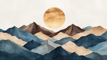Watercolor landscape features a stylized sun and mountain range