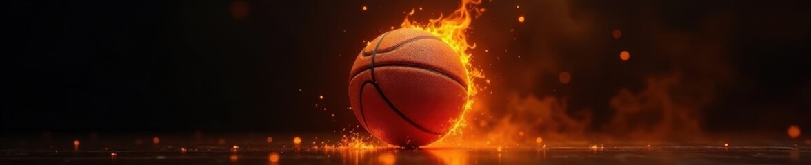 Fototapeta premium Fiery orange basketball on black, intense light, texture, burning