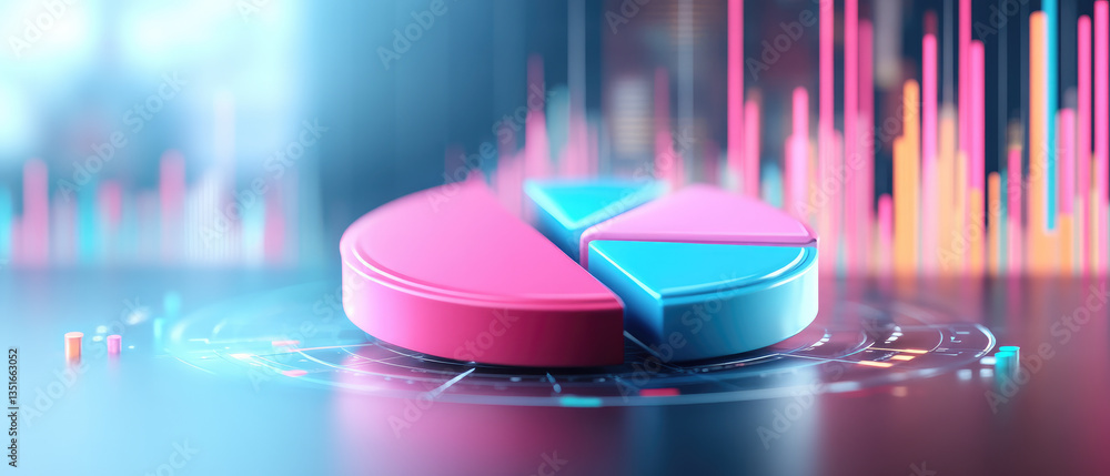 Poster visualizing market share trends a futuristic floating pie chart illustration in a digital business e