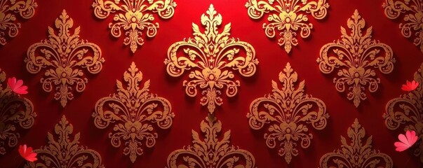 Fototapeta premium Deep red gold floral damask wallpaper, lavish details, wallpaper, botanical, background