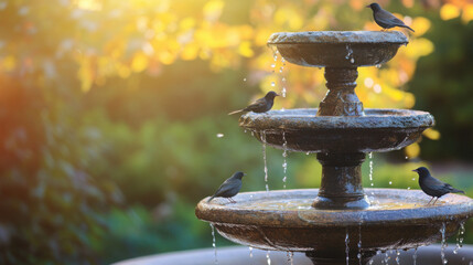 Traditional tiered fountain with birds perched on the edges, creating a peaceful ambiance