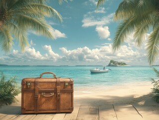 Vintage Travel: A Leather Suitcase Awaits Adventure on a Tropical Island Beach with Palm Trees, Turquoise Waters, and a Distant Boat, Promising Relaxation and Exploration.