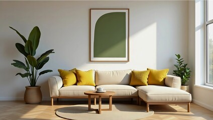 Modern Living Room Interior with Sectional Sofa, Mustard Pillows & Abstract Green Art on wall