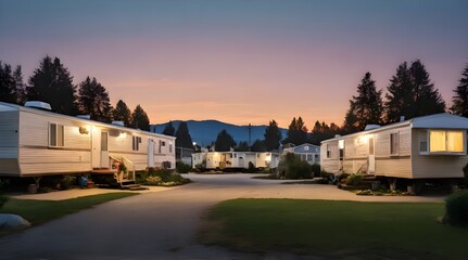 Mobile homes on a trailer park at dusk.generative.ai
