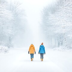 Winter walk with snowy path, and two women.