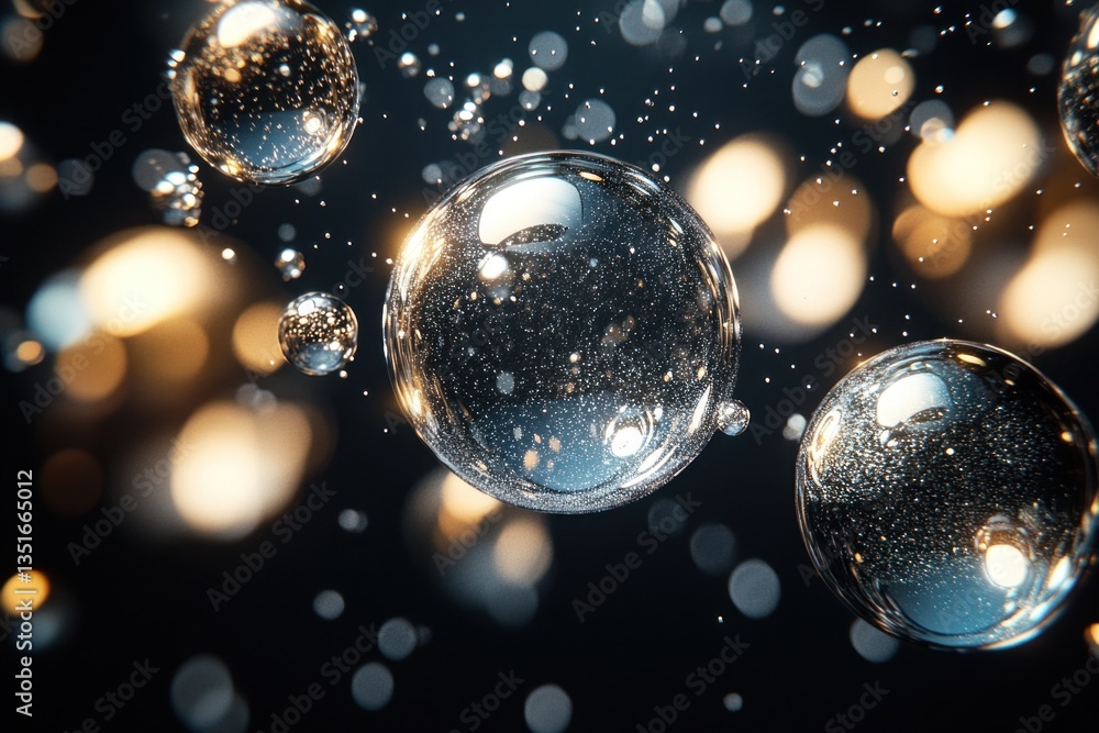 Poster floating bubbles in silver and gold shimmer against a dark background, creating an intriguing abstra