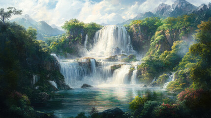 Fototapeta premium Panoramic view of a multi-tiered waterfall surrounded by a verdant landscape