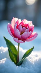 Fototapeta premium Delicate petals unfolding on a snowy background, bloom, nature