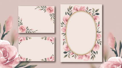 A luxurious wedding invitation templates illustrated in a soft, watercolor style with delicate floral designs against a backdrop of gently blurred, light pink florals.