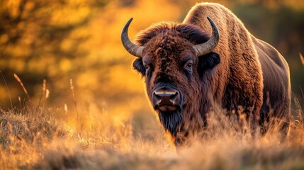 Majestic Bison Grazing in Golden Grassland during Autumn Sunset in Natural Habitat