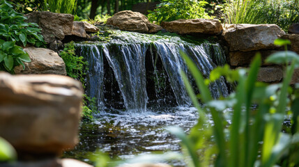 Fototapeta premium A small, gentle waterfall in a tranquil garden with well-maintained foliage