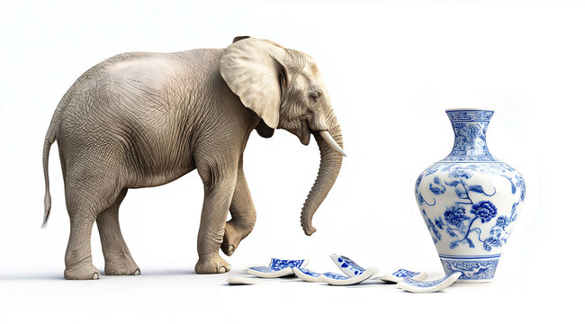 Elephant in china shop cartoon proverb illustration, broken precious Ming vase ceramics,drawing of awkward clumsy person, strong, big, pachyderm next to fragile delicate fine expensive luxury products