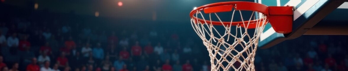 Basketball arcs out of hoop, blurred background, perspective, view