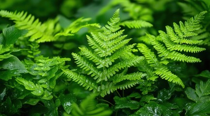 Obraz premium Close-up view of vivid green ferns thriving in the jungle, showcasing their delicate leaves glistening with droplets after a rain shower