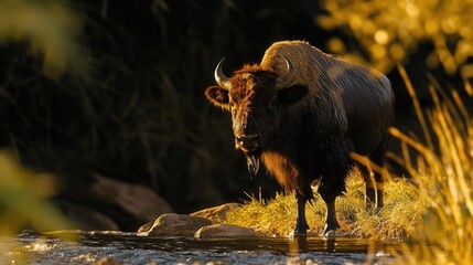 Fototapeta premium Majestic Buffalo Grazing by a Tranquil River Under Golden Light in Natural Habitat