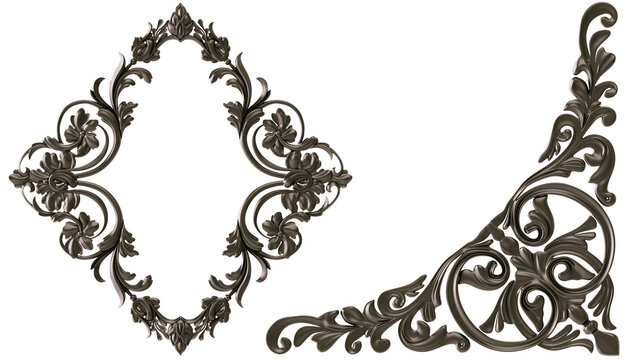 Black  ornament  frame on transparent background, cut out, 3D render
