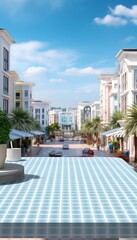 Fototapeta premium Empty white ceramic mosaic table top and blurred swimming pool in tropical resort in summer banner background can used for display or montage your products.
