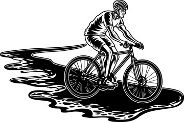 Fototapeta premium Ghost Skull Bicycle a fusion of eerie and mechanical design in SVG and vector format. Mountain Biker Riding Through Unique Black and White Landscape Design