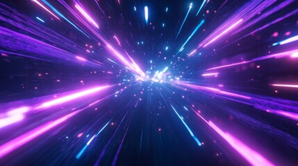 Obraz premium Abstract neon light streaks and star particles move forward