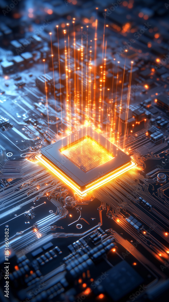 Poster bright streams of electric energy rise from a central processing unit located on an intricate circui