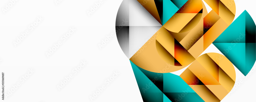 Poster Abstract geometric design with intersecting circles, triangles, squares and sharp angles creating a layered composition with gradients, depth, and contrast