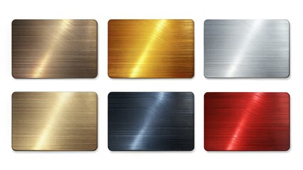 Chrome gift card templates in vintage style: Silver, gold, bronze, black, red, and blue metallic mockups.