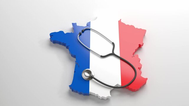 Healthcare in France concept: A stethoscope on a 3d map of France overlayed by the French flag. Camera panning up