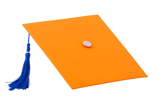 Orange graduation cap with blue tassel on transparent background