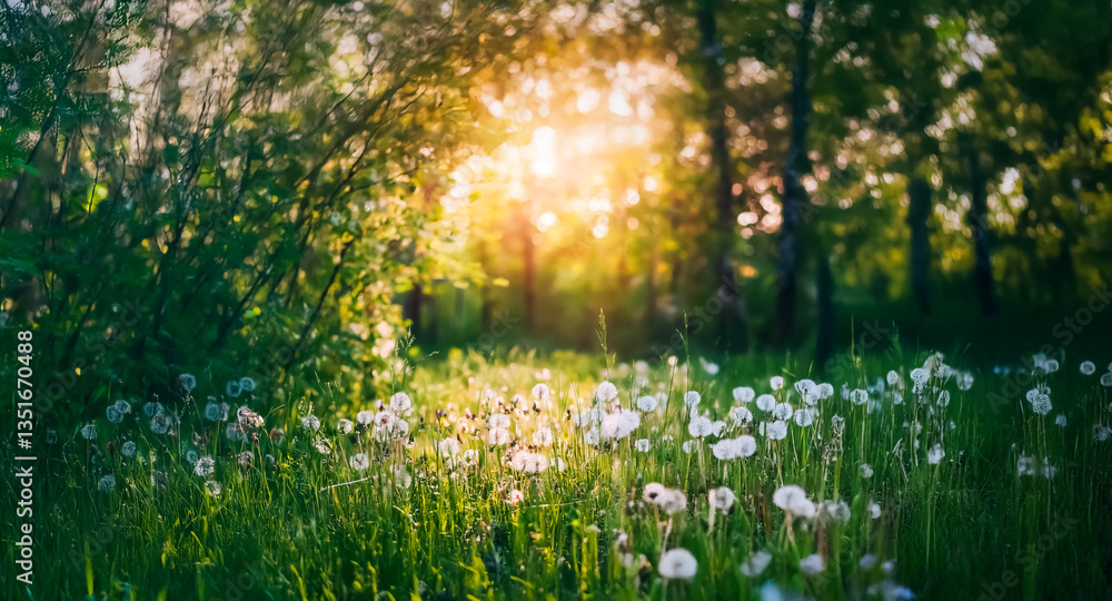 Poster Sunlight streams through trees, illuminating a field of fluffy dandelions in a forest clearing. Green grass and foliage fill a peaceful, natural scene.