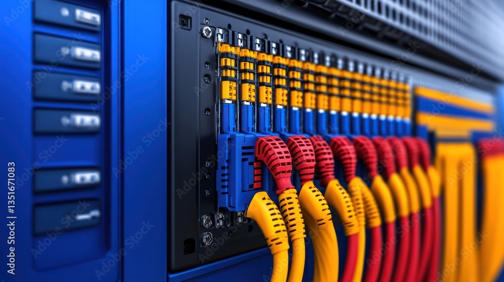 Poster network server rack: high-definition image of colorful network cables connected to a modern server r
