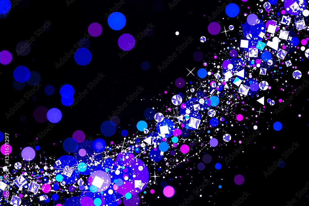 Poster Abstract digital artwork with bokeh and square shapes on a dark backdrop, creating a sparkling, vibrant and festive atmosphere with blue, purple, pink, and white colors.
