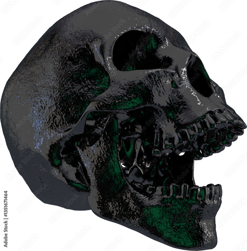 Aufkleber glossy black-green 3d skull open jaw viewed from a dynamic side angle. eerie digital rendering ideal