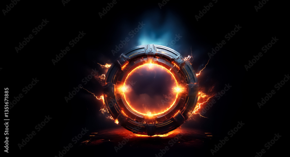 Fototapete a glowing circular metallic object with a vibrant orange core and a cool blue aura stands out agains