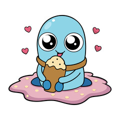 A kawaii-style person with big sparkly eyes, sitting on a beach towel, licking a melting ice cream cone 