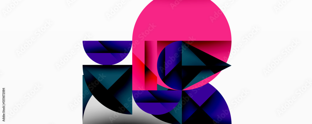 Poster Modern abstract composition with layered circles and angular segments featuring gradients, transparency effects, and a structured geometric layout