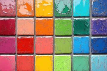 An arrangement of colorful painted squares in a grid pattern