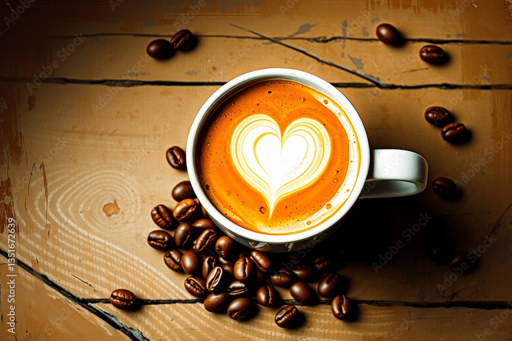 Poster a cup of coffee with a heart shaped latte art on a wooden surface is surrounded by scattered coffee 