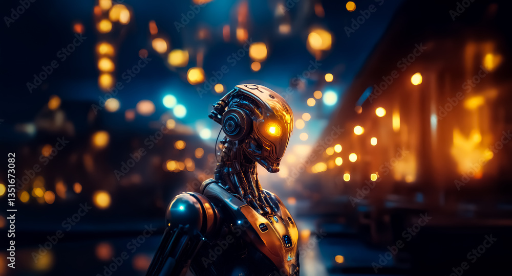 Aufkleber Sleek metallic robot with glowing eyes stands in a futuristic city at night. Bokeh lights create a blurred, atmospheric urban scene.